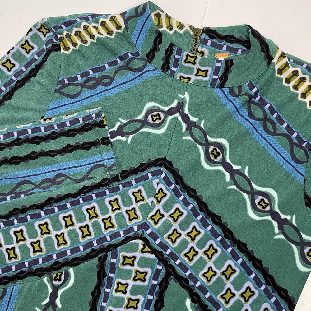 Free People Women XS Green Stella Mock Neck Zip Geometric Print Mini Long Sleeve